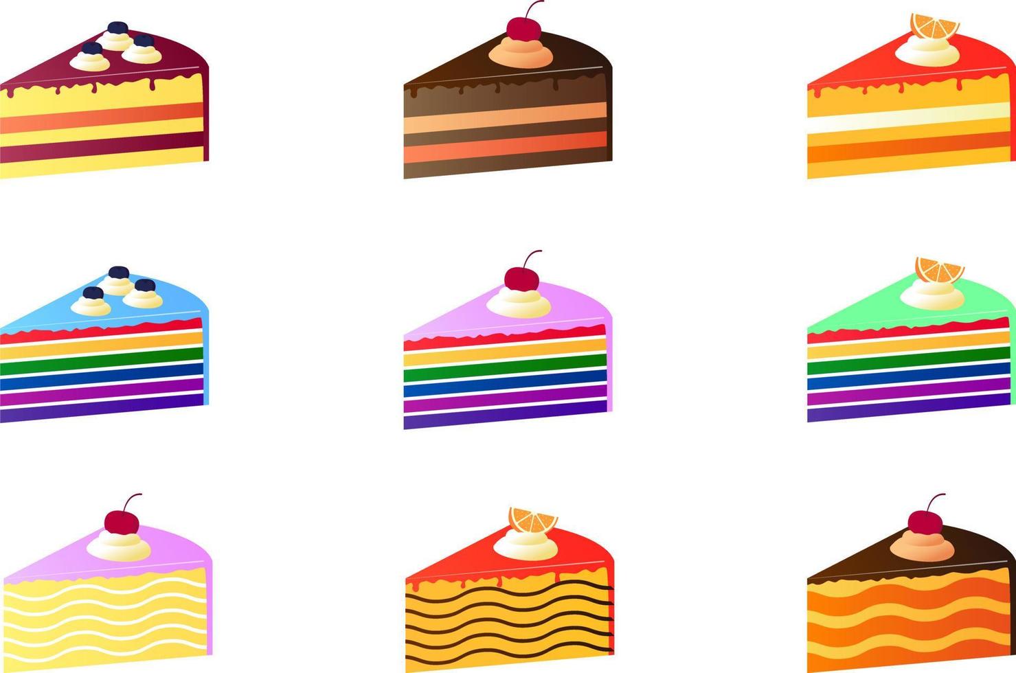 pieces of cake set with various topping and rainbow cake vector