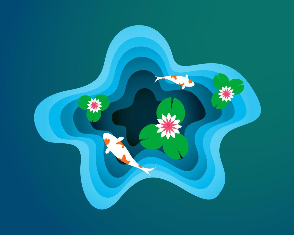 Pez koi en la piscina con loto por estilo de corte de papel vector por vector