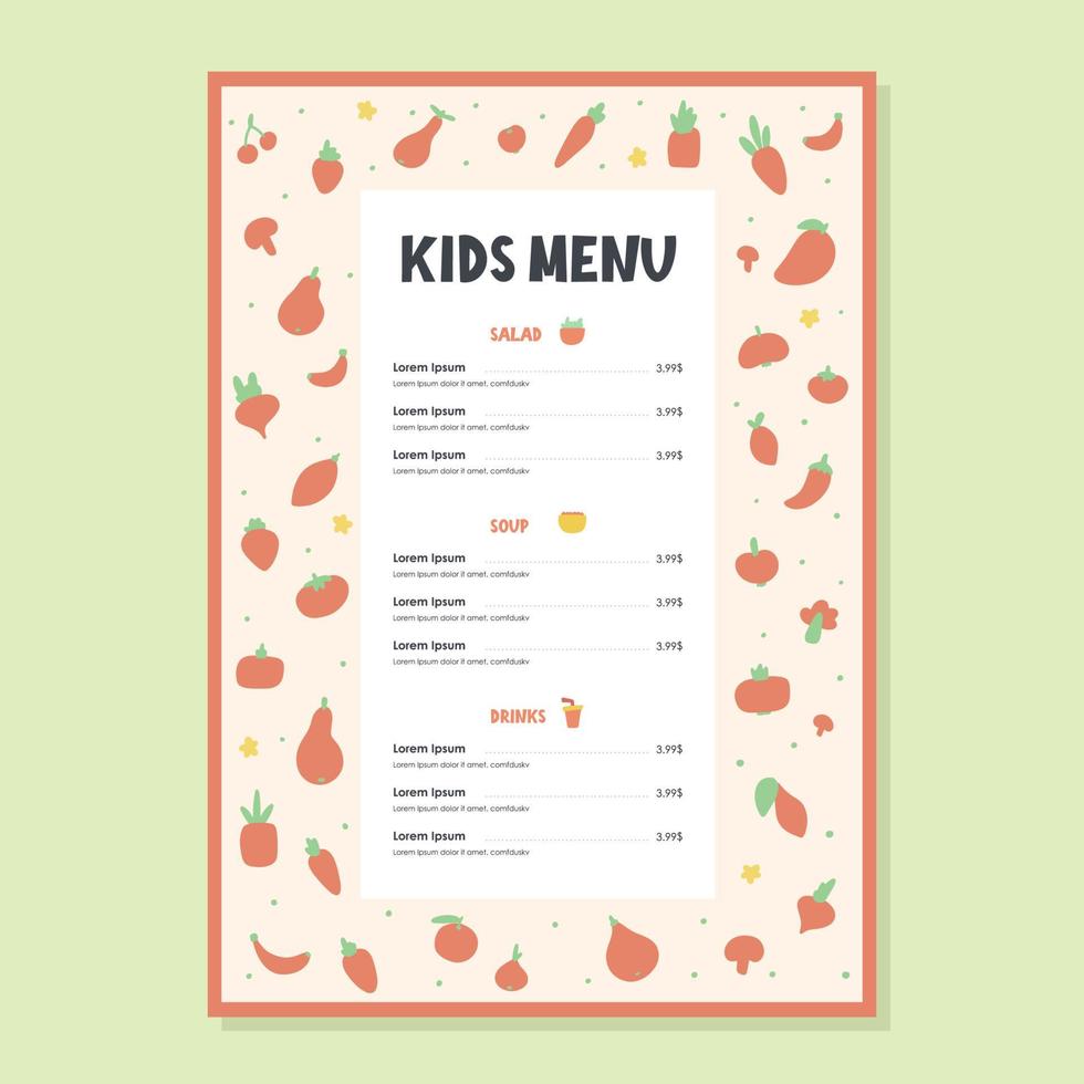 Diseño de menú infantil para cafetería o restaurante con diferentes frutas. vector