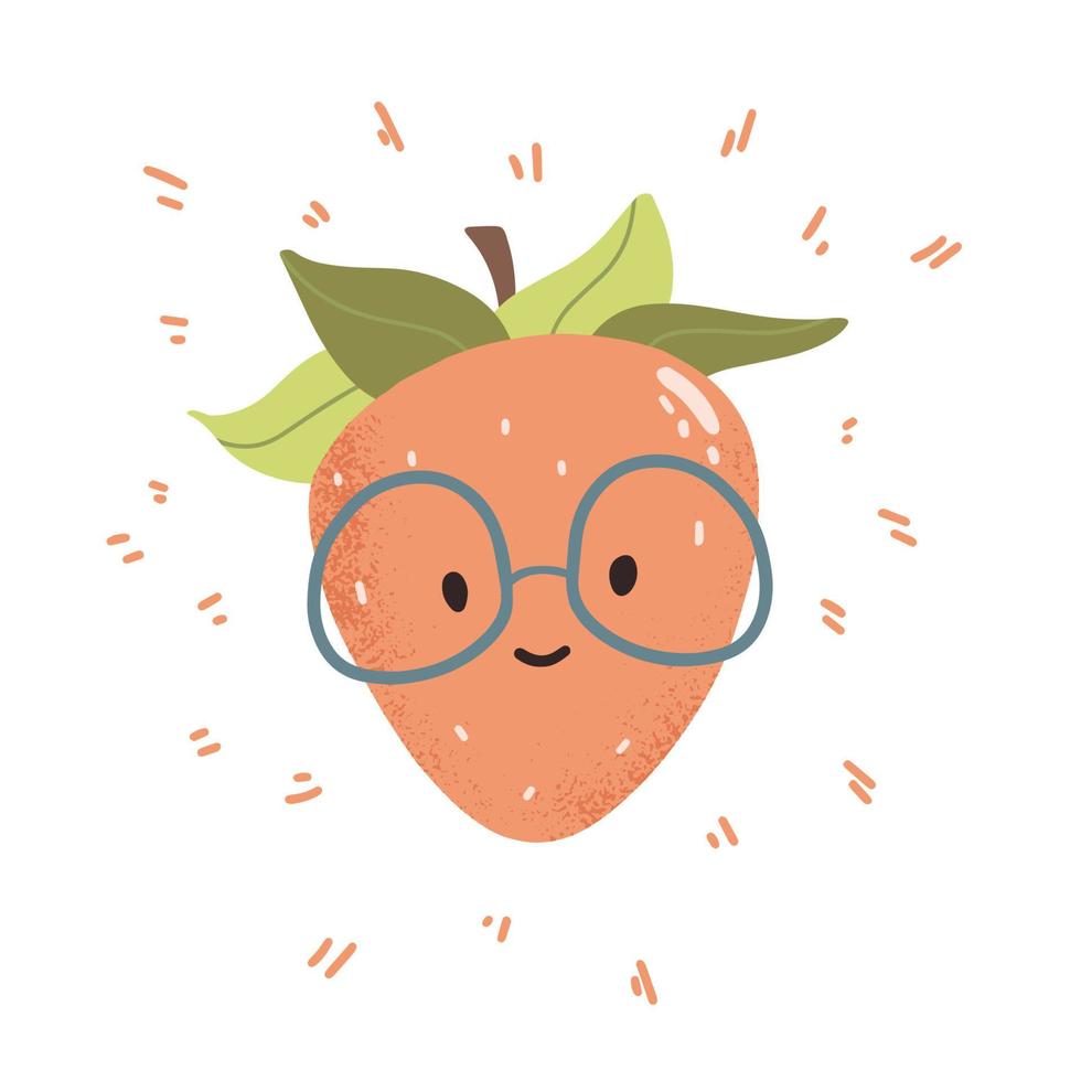 Cute strawberry with glasses smiles. Funny berry vector