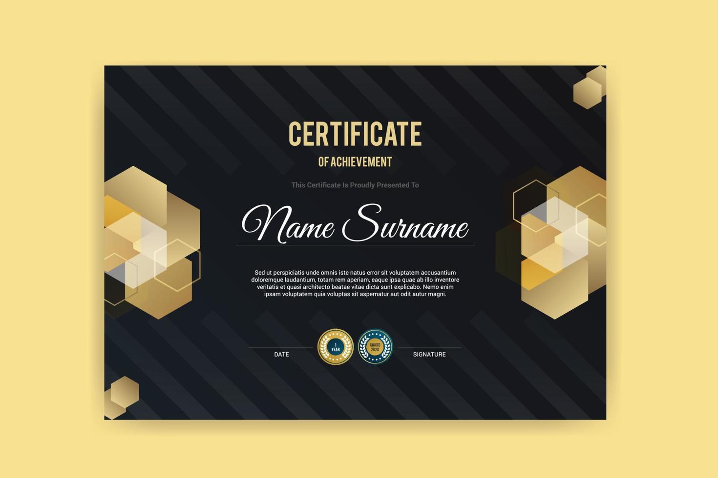 Certificado de diploma elegante estilo dorado sobre fondo negro plantilla creativa vector