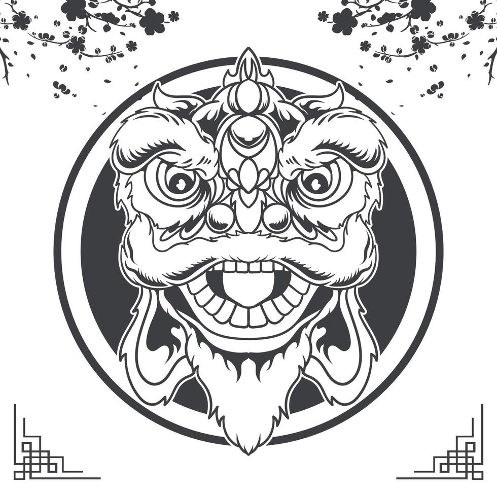 Lion dance illustration monochrome vector