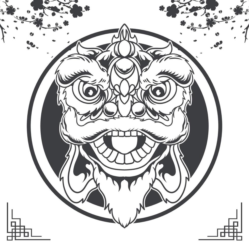 Lion dance illustration monochrome vector