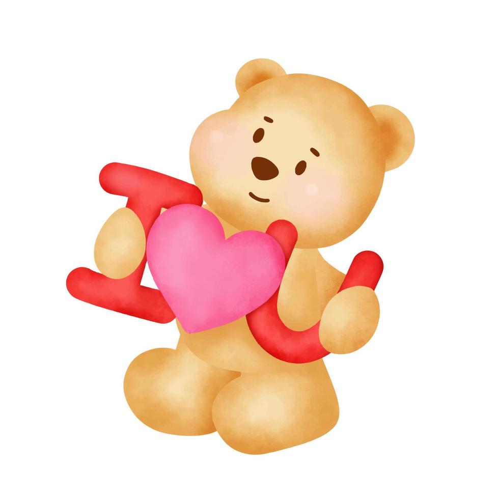 Hand drawn watercolor valentine's day with cute bear vector