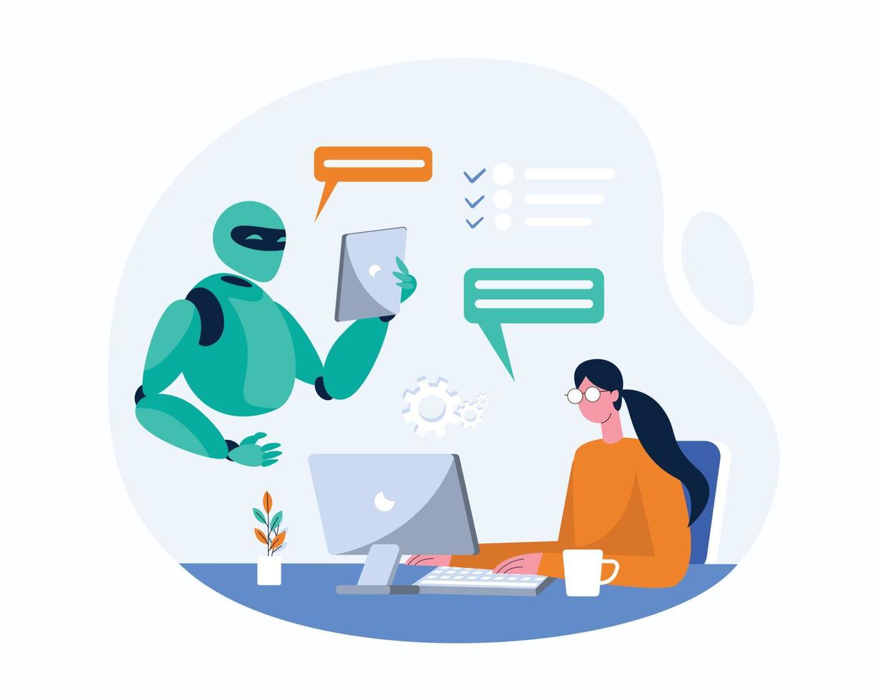 Work with robot, Robot chat with human. Artificial intelligence works  illustration concept vector