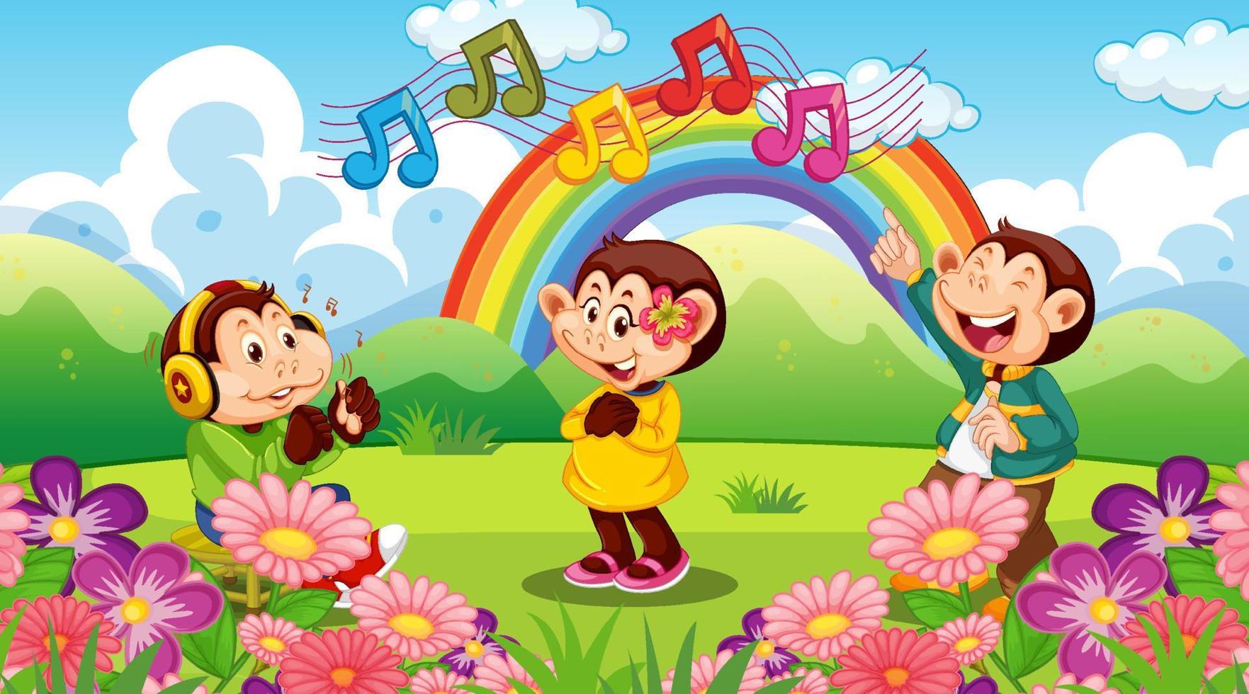 personaje de dibujos animados de tres monos lindos en el parque con arco iris vector