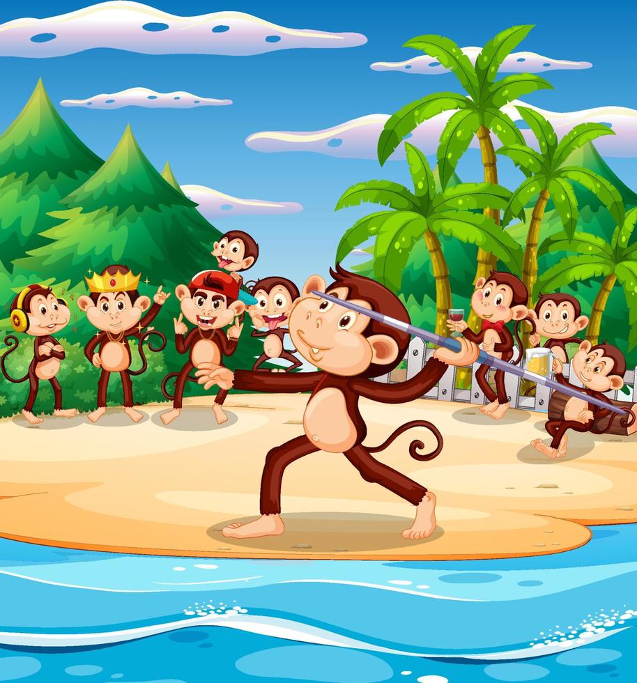 Beach scene with monkey playing javelin vector