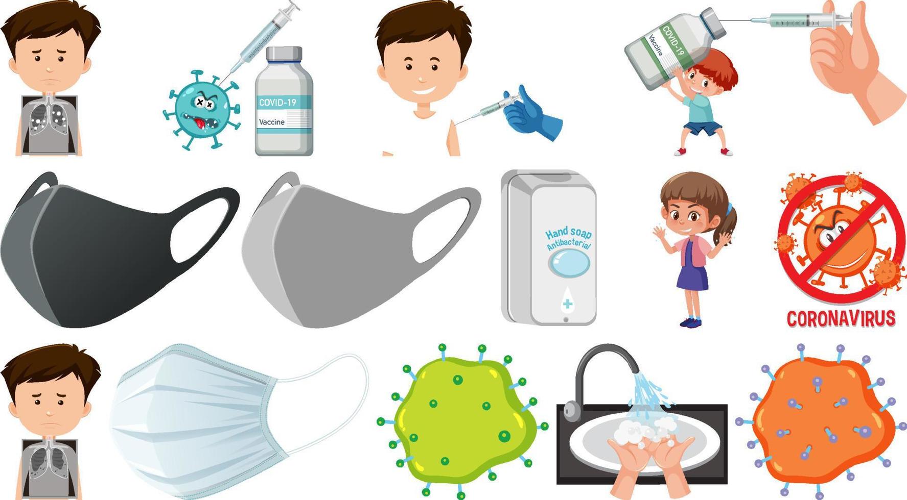 Cartoon character and Coronavirus vaccination isolated objects vector