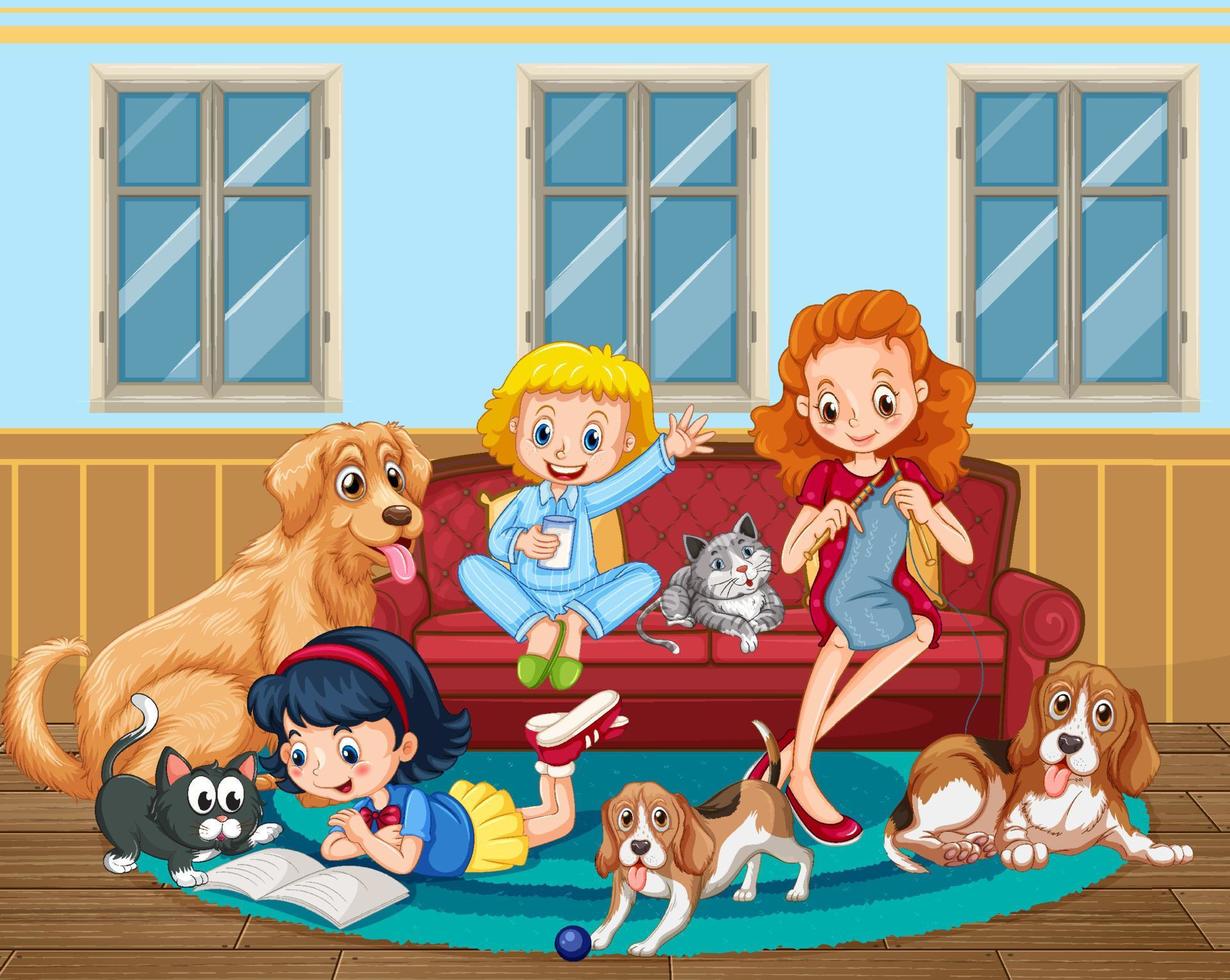 madre e hija con muchos perros en la escena de la habitación. vector