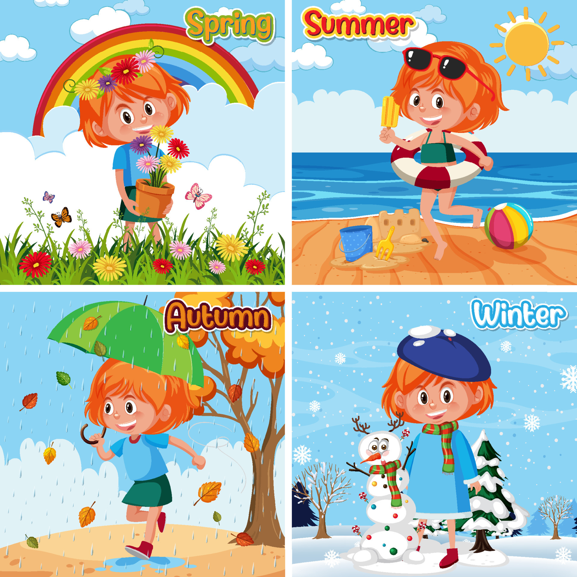 Four seasons with girl cartoon character 4720293 Vector Art at Vecteezy Four seasons with girl cartoon character 4720293 Vector Art at Vecteezy