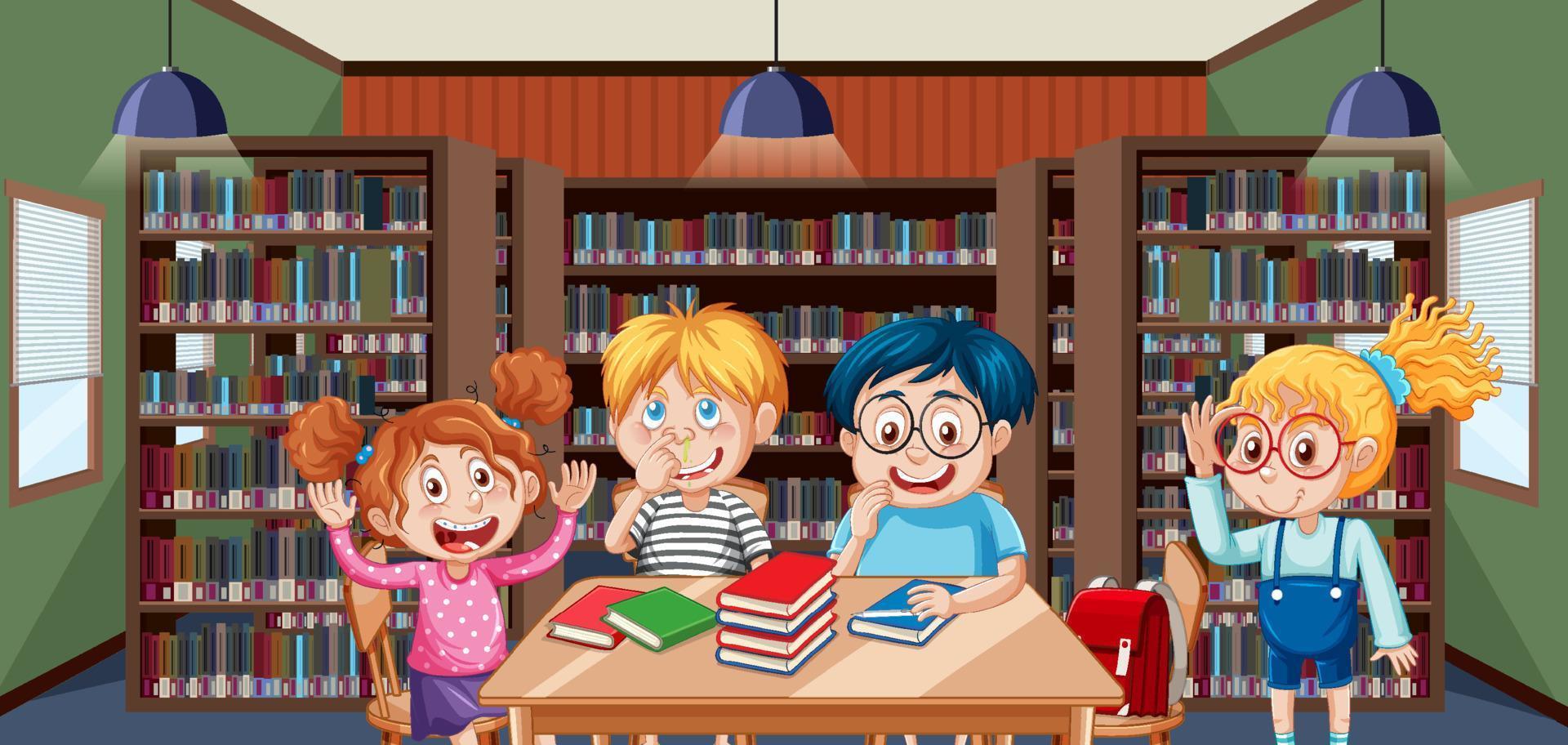 escena de la biblioteca escolar con niños felices vector