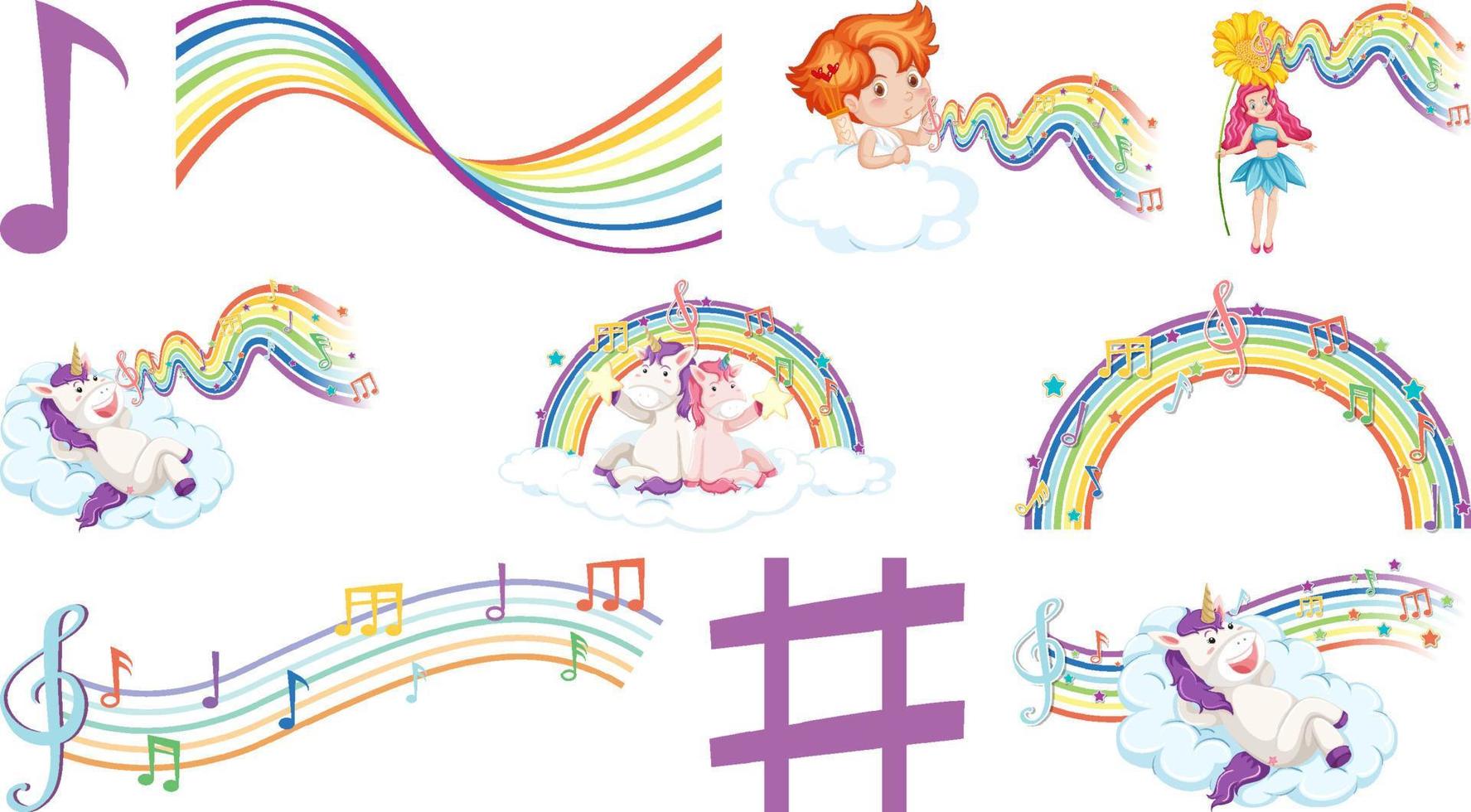 Set of fantasy fairies and cupids with rainbow elements vector