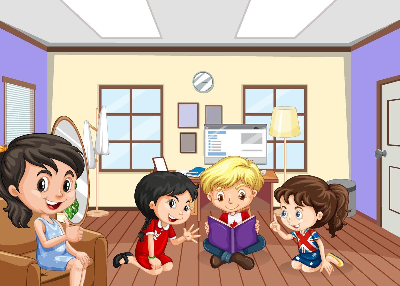 Happy children in the living room scene vector