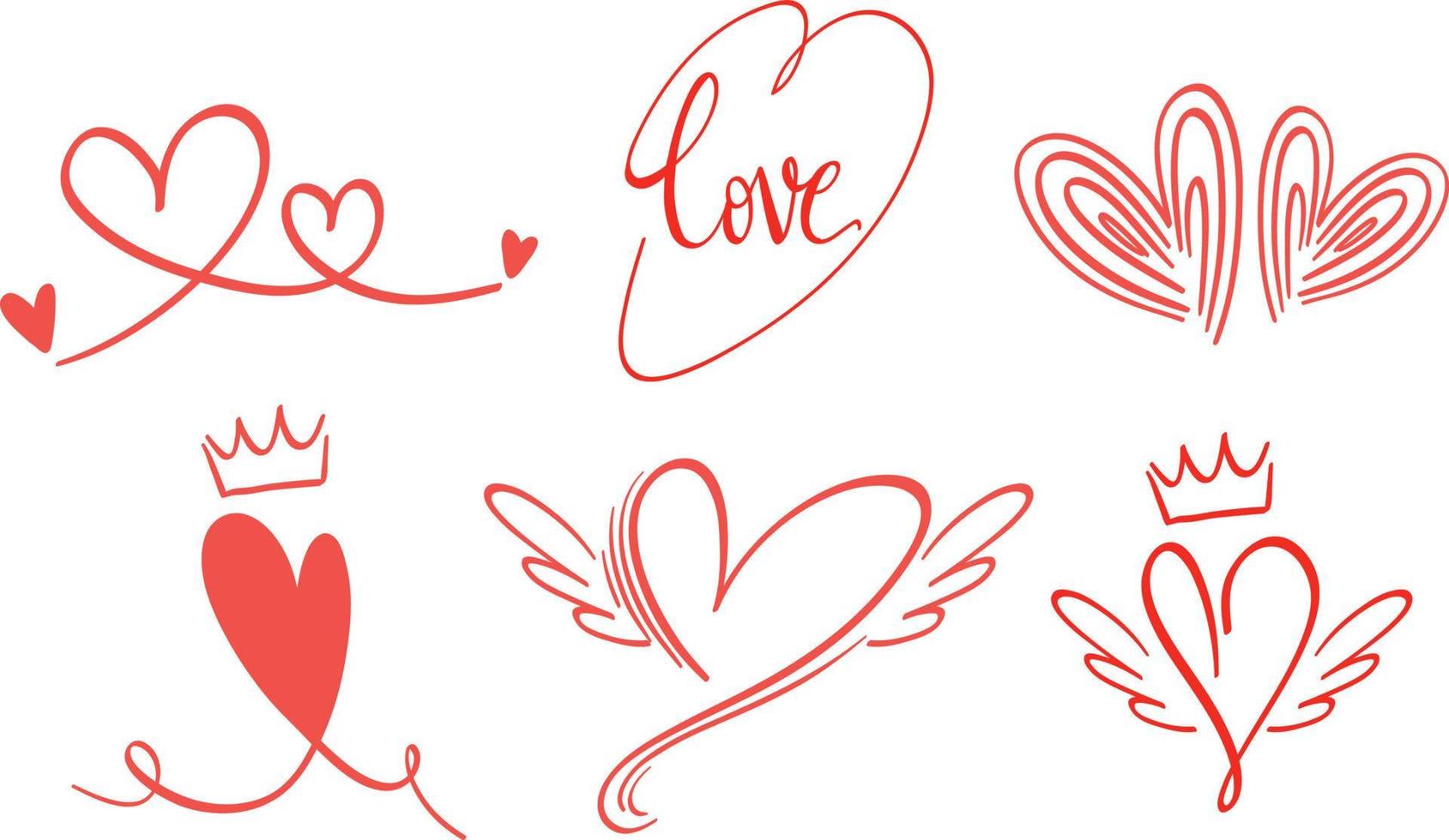 Set of different hearts in doodle style vector