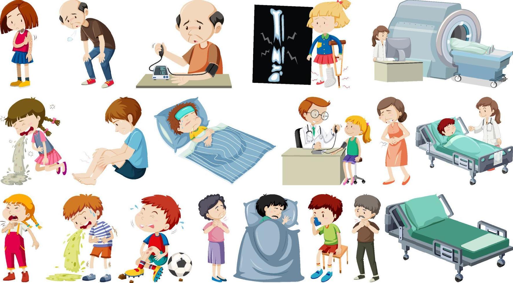 Set of sick people with different symptoms vector