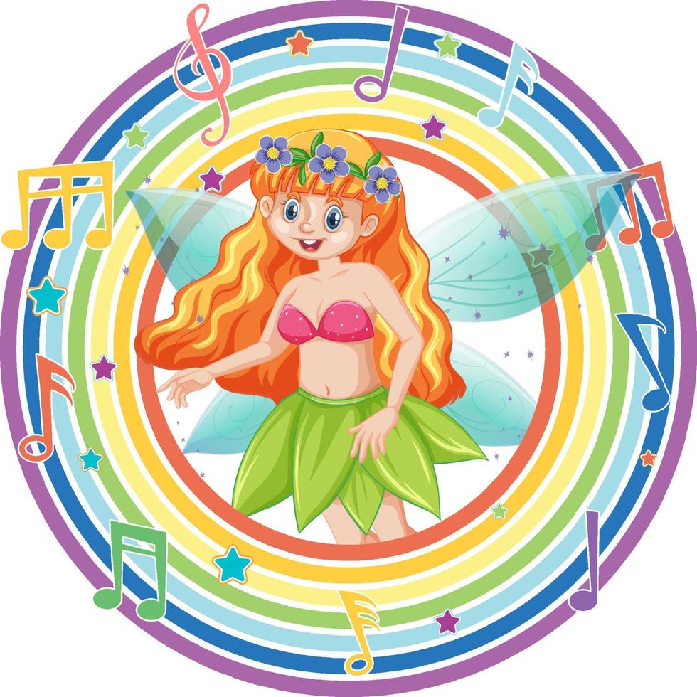 Beautiful fairy in rainbow round frame vector