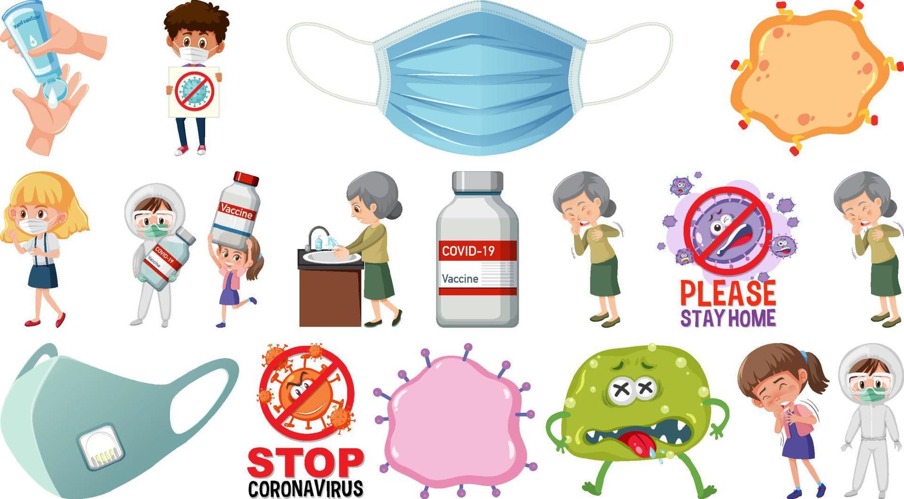 personaje de dibujos animados y objetos aislados de vacunación coronavirus vector