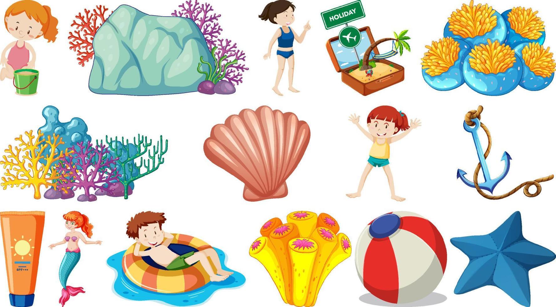 Set of summer beach objects and cartoon characters vector