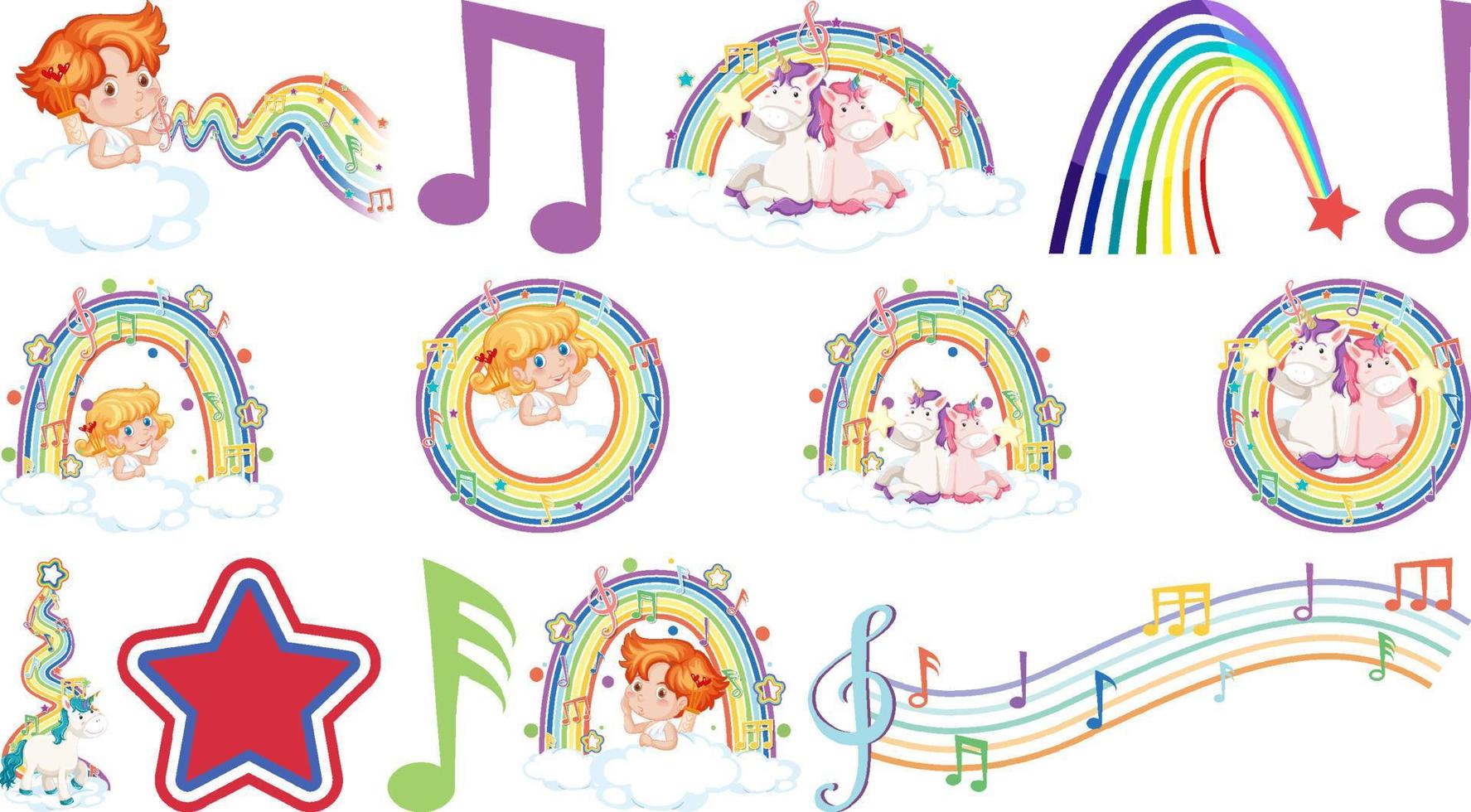 Set of fantasy fairies and cupids with rainbow elements vector