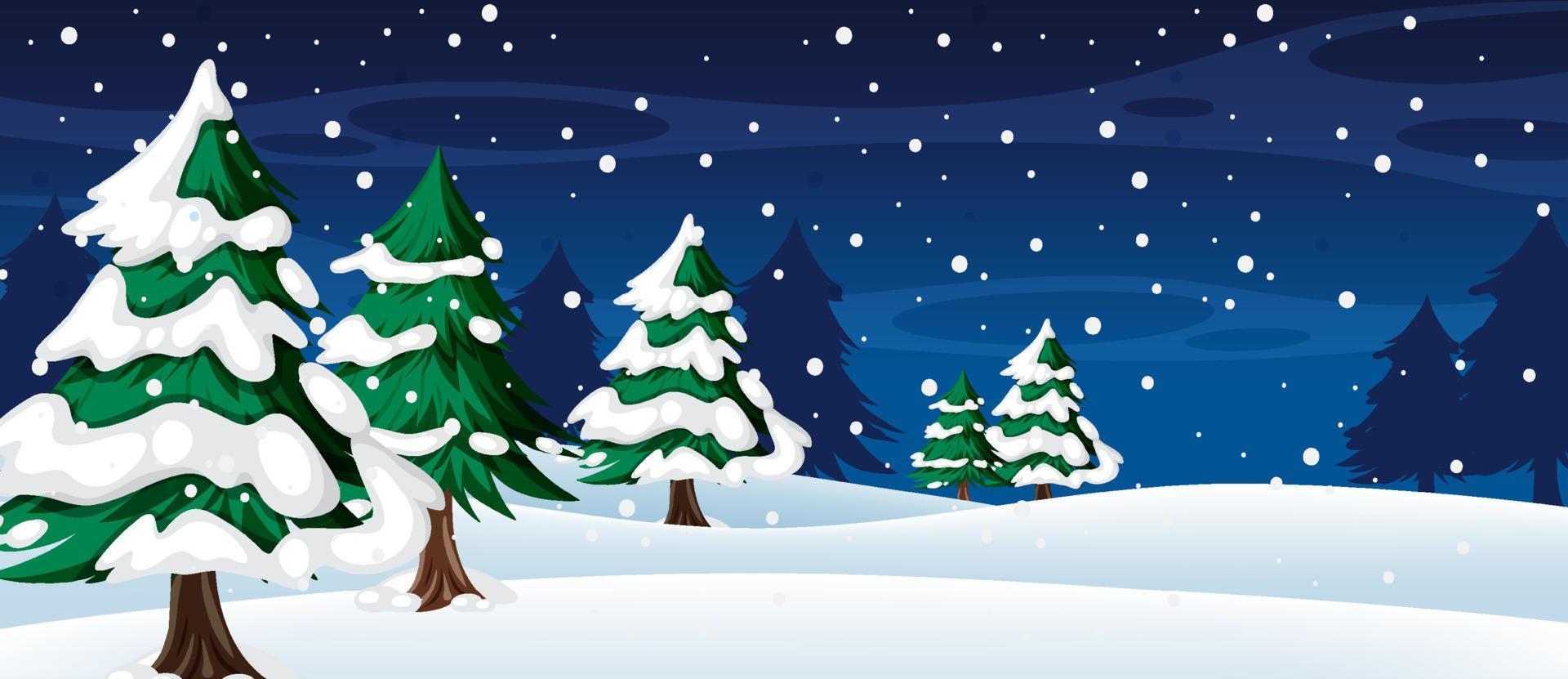 Fondo de nieve cayendo por la noche con árbol de navidad vector