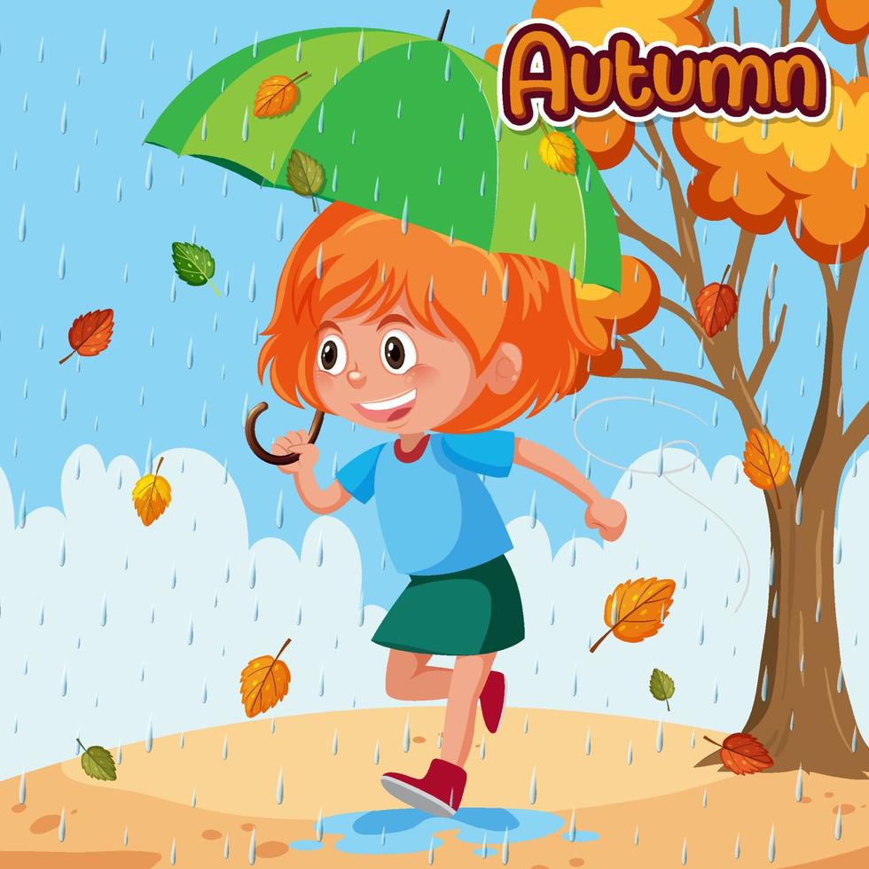 temporada de otoño con una niña lloviendo vector