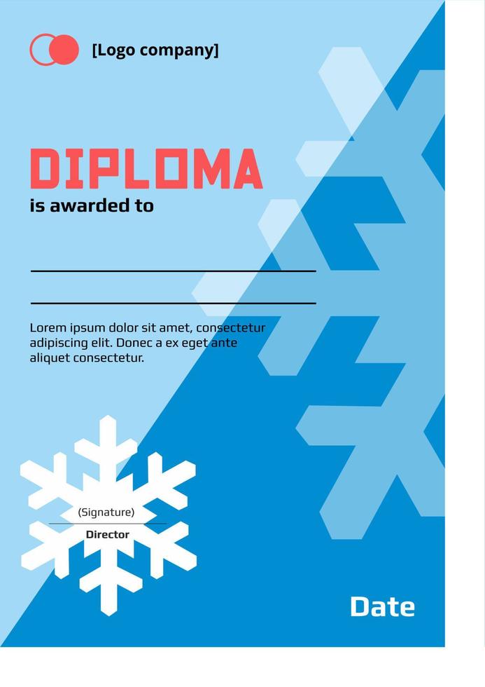 Plantilla de diploma de año nuevo de invierno con copos de nieve. diploma del ganador de concursos deportivos, científicos y educativos. vector