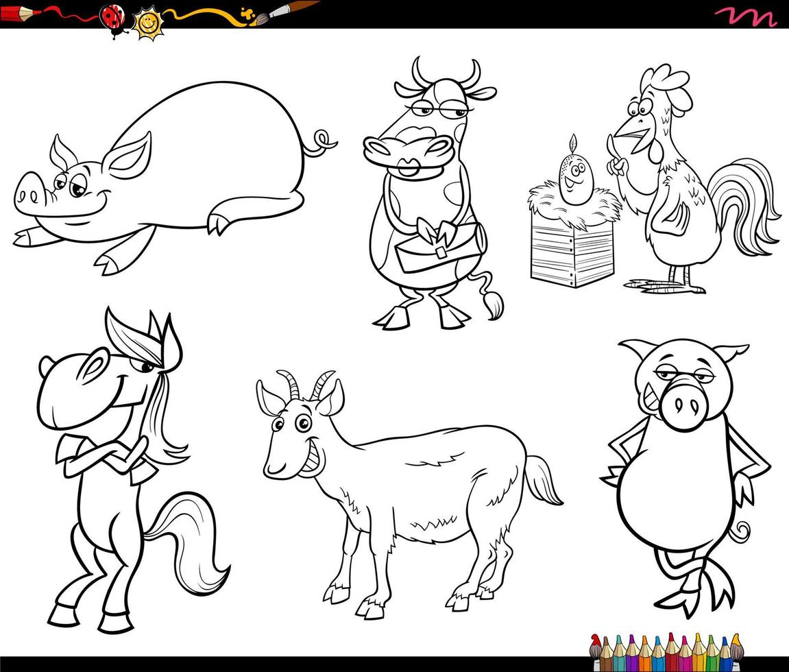 cartoon farm animal characters set coloring book page vector