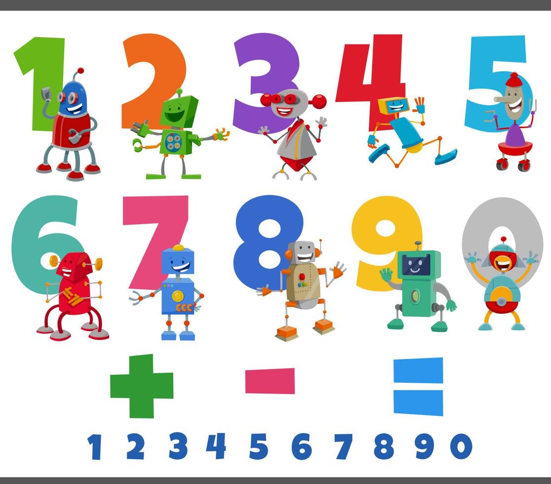educational numbers set with fantasy robots characters vector