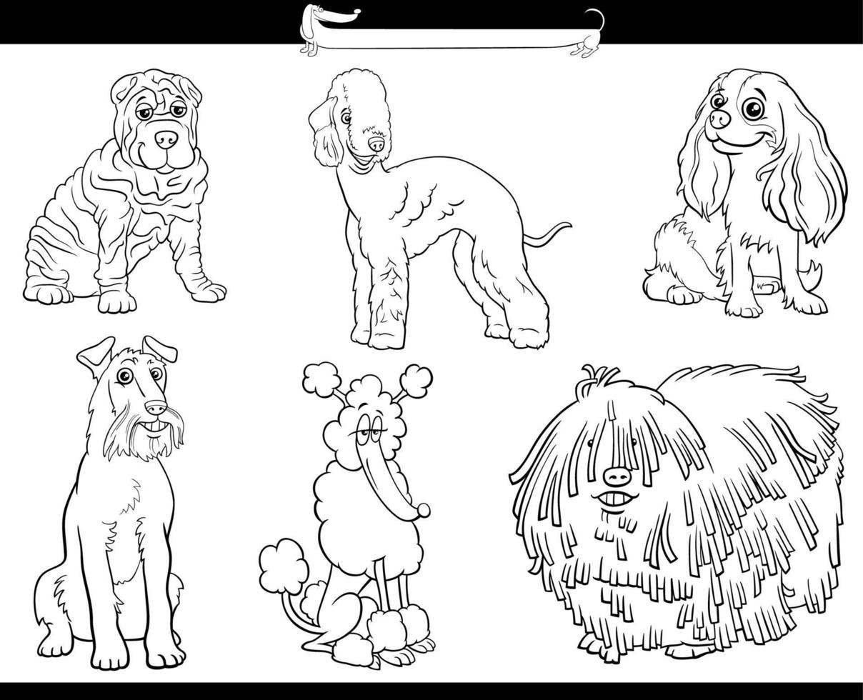 Dibujos animados de perros de raza pura personajes cómicos establecer página de libro para colorear vector