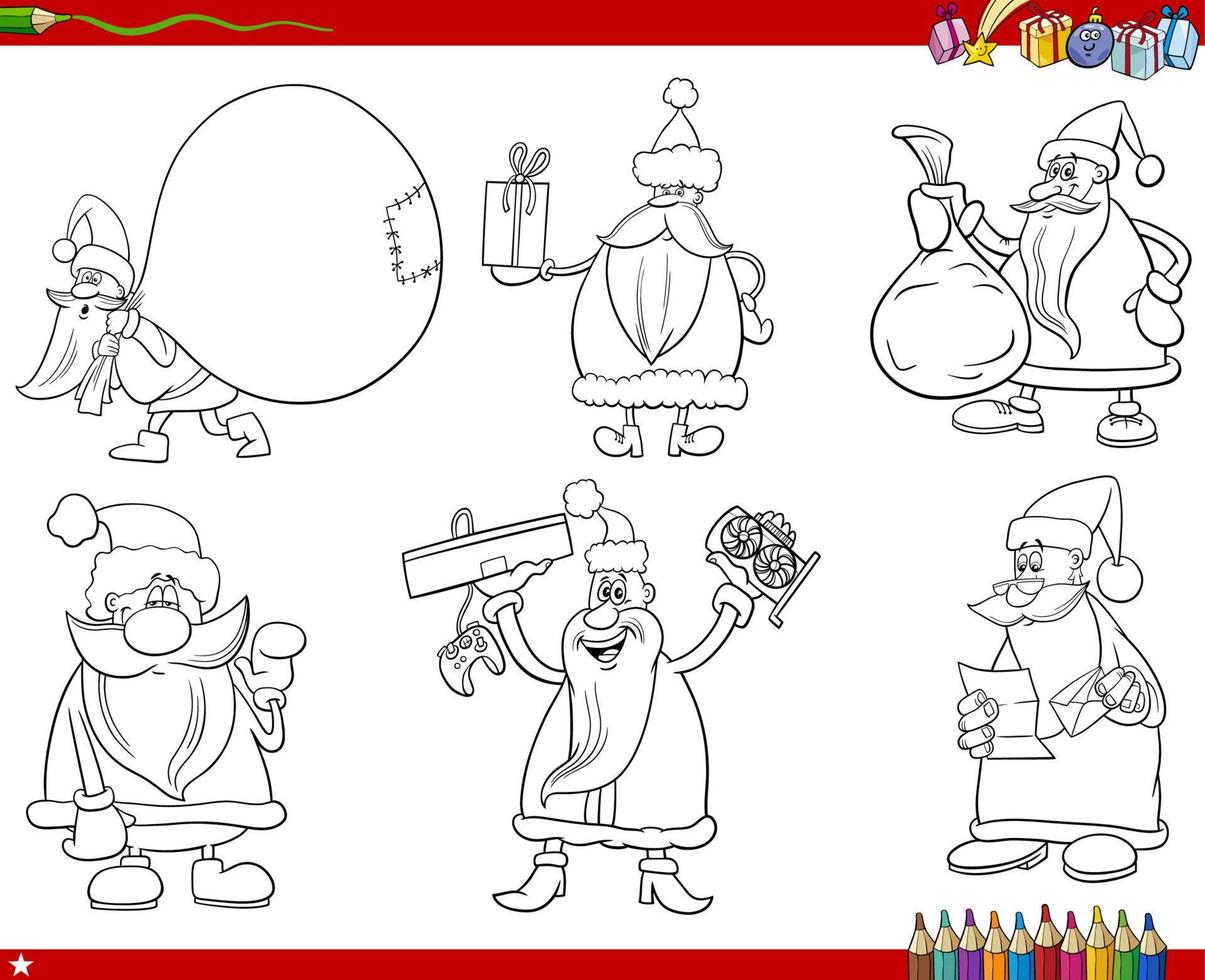 cartoon Santa Claus characters set coloring book page vector