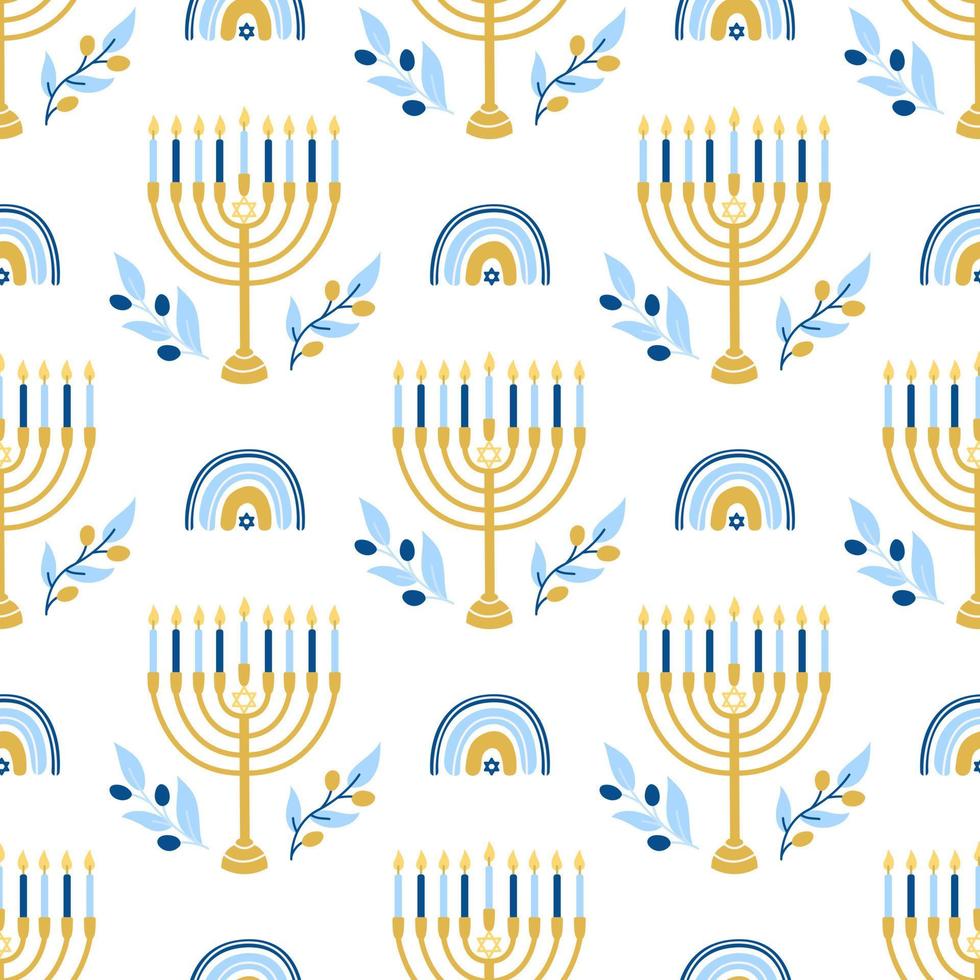 Hanukkah vector seamless pattern. Various object of Jewish festival of lights in flat style