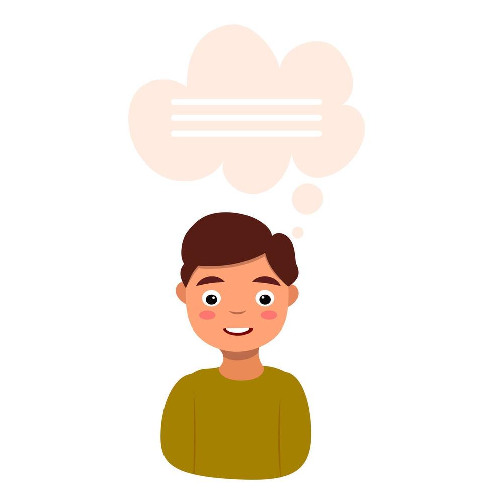 Ilustración de vector de personaje de niño aislado en blanco icono persona pensando mensaje idea alegre sonriente niño colorido dibujos animados plana