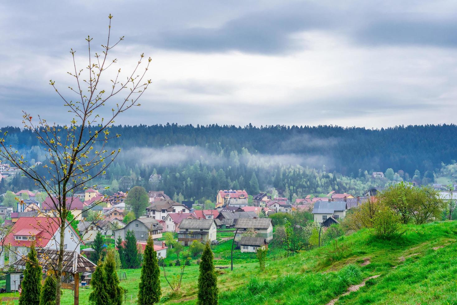 Hermoso pueblo de montaña en los Cárpatos después de la lluvia en un cálido día de verano foto