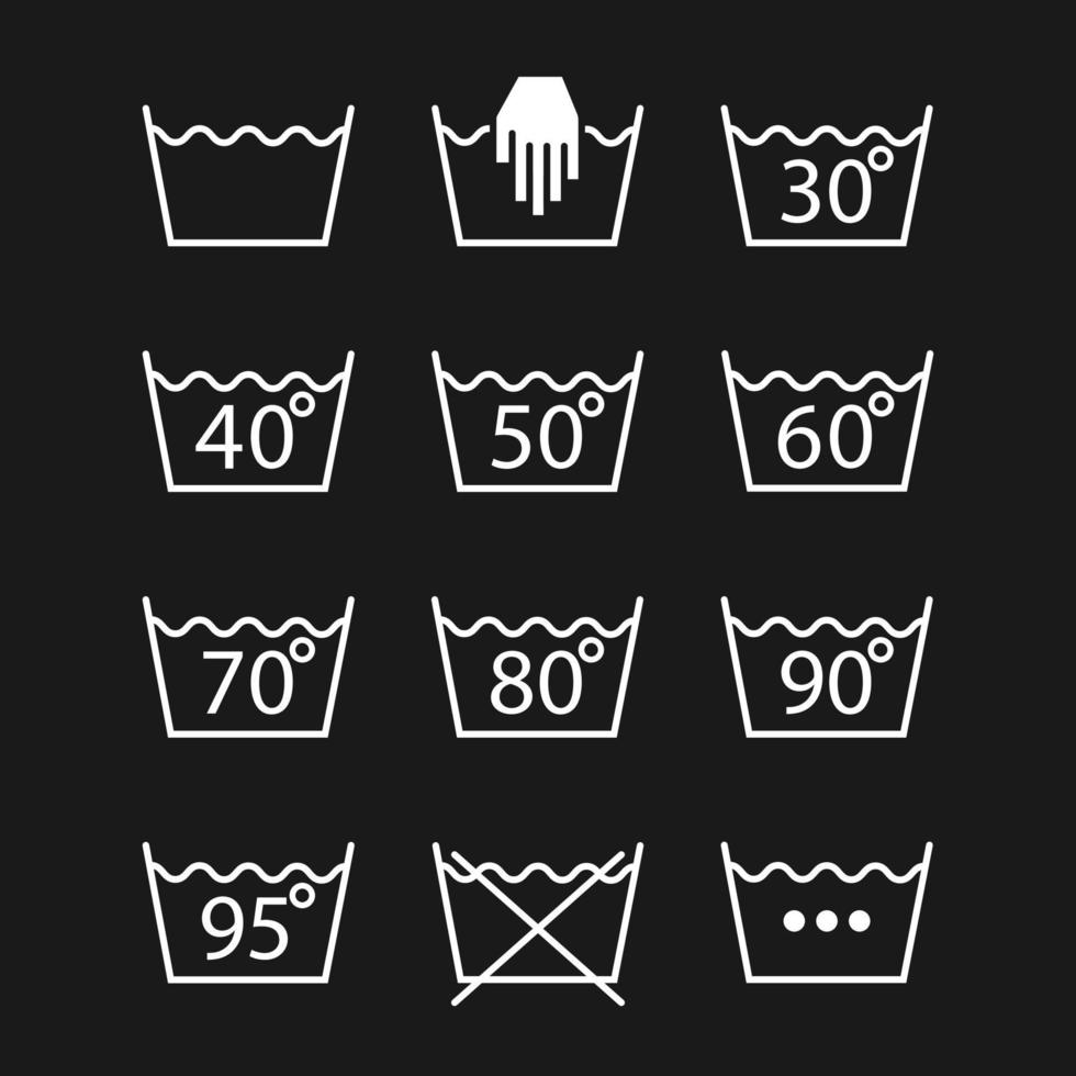 iconos de lavandería, símbolos de lavado y signos de tela. aislado sobre fondo negro. vector