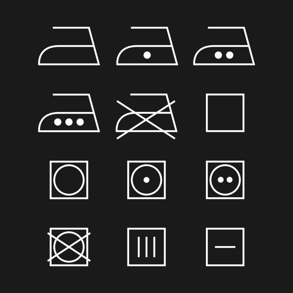 Laundry care icons. Machine and hand wash advice symbols, fabric cotton cloth type for garment labels. Isolated on black background vector