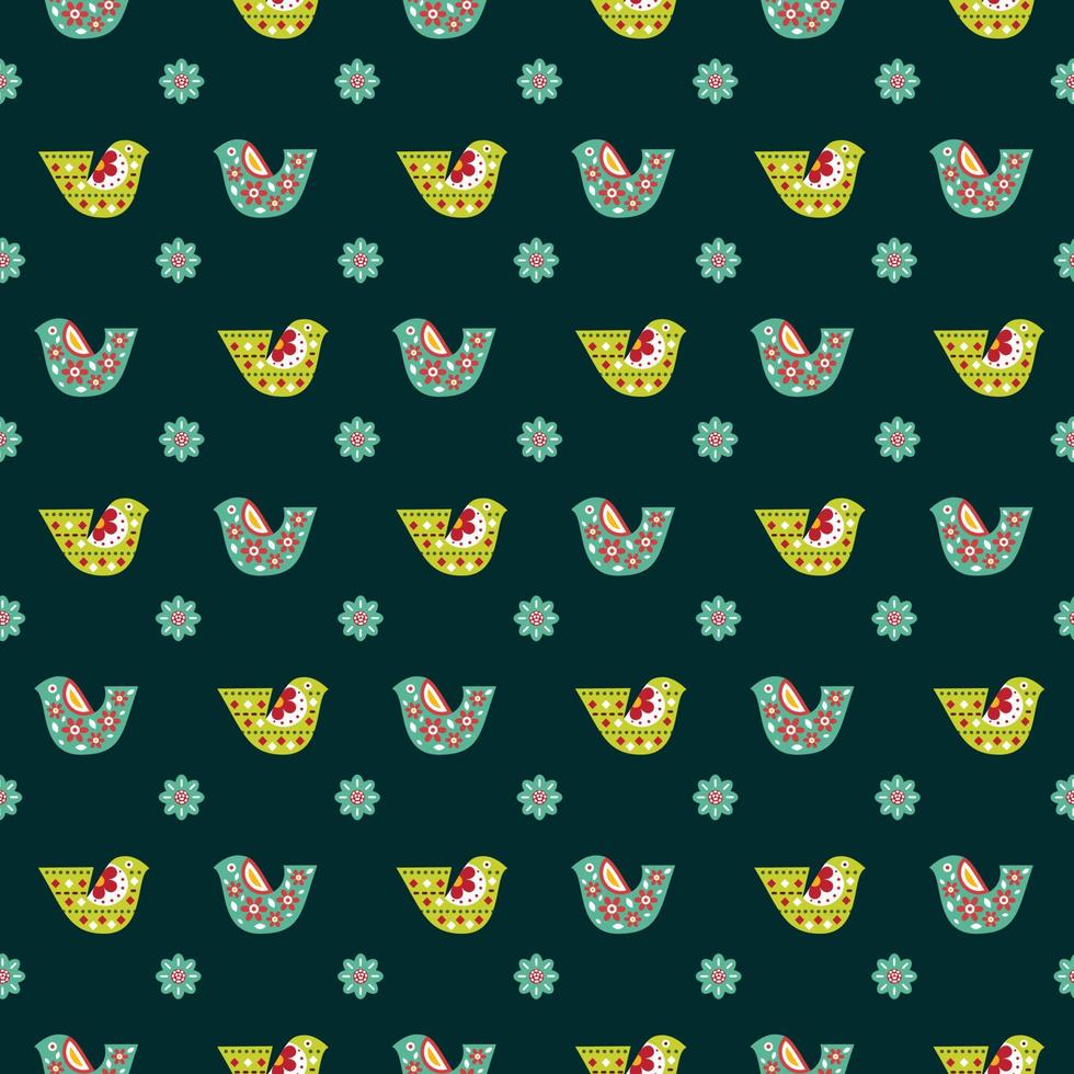 Nordic Bird and Flower Seamless Pattern Design vector