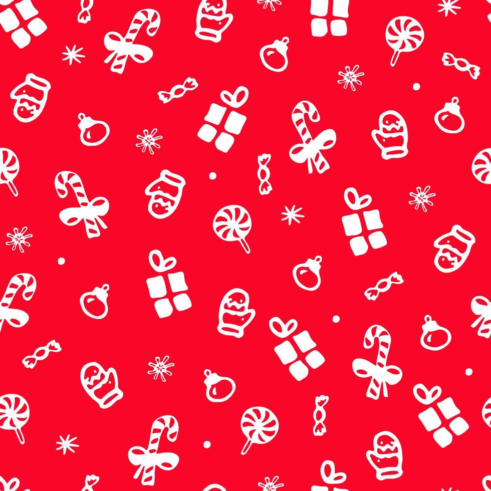 Christmas doodle seamless pattern on red background. Winter holidays design. Gift box, lollipop, mitten, xmas ball hand drawn vector illustration. Use for cards, print, textile, wrapper, backdrop.