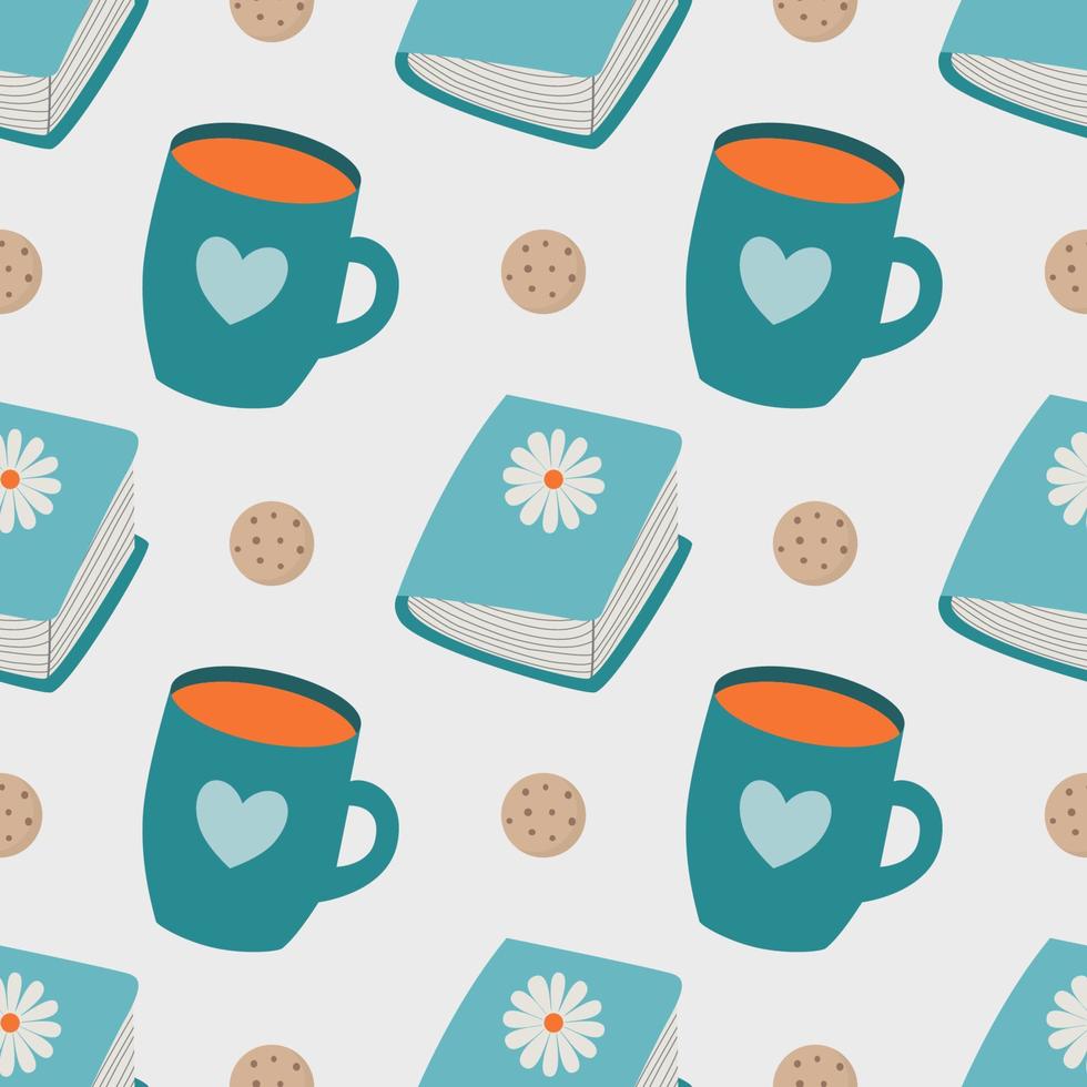 tea and book seamless pattern for fabric, paper, background design vector