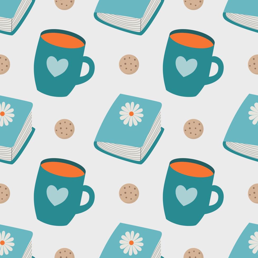 tea and book seamless pattern for fabric, paper, background design vector