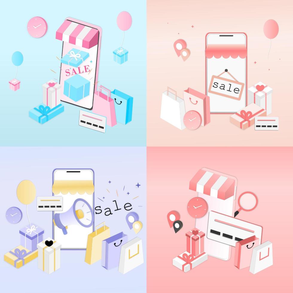 Set of 3D realistic online shopping on website or mobile application concept of vector marketing and digital marketing. Isometric paper art for digital store promotion, online payment, big sale, ads.