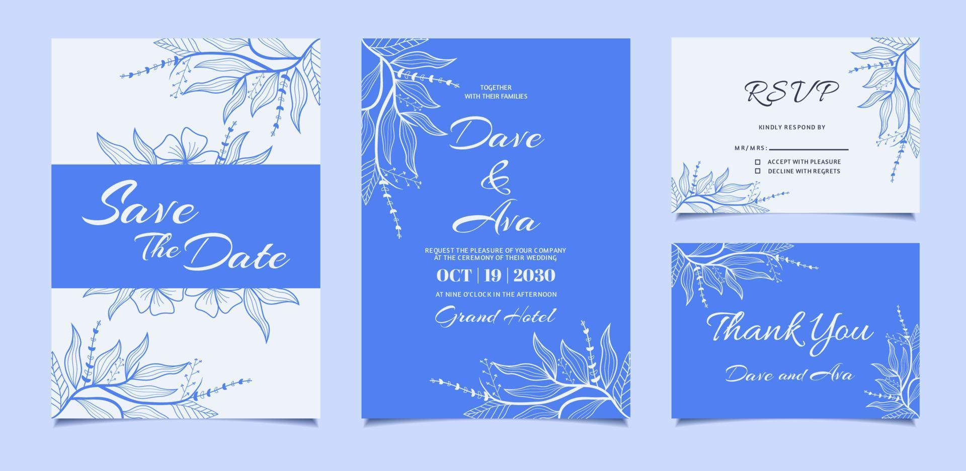 Establecer tarjeta de invitación de boda con hermosos adornos florales de arte lineal. guardar la fecha, rsvp, tarjeta de agradecimiento, tarjeta de invitación, fondo azul y blanco. vector