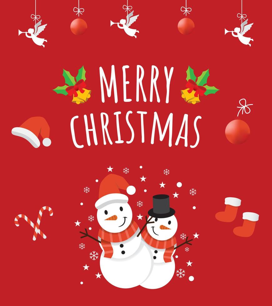 linda tarjeta de felicitación de feliz navidad con dos lindos hermanos muñeco de nieve y atributo navideño en fondo rojo. vector