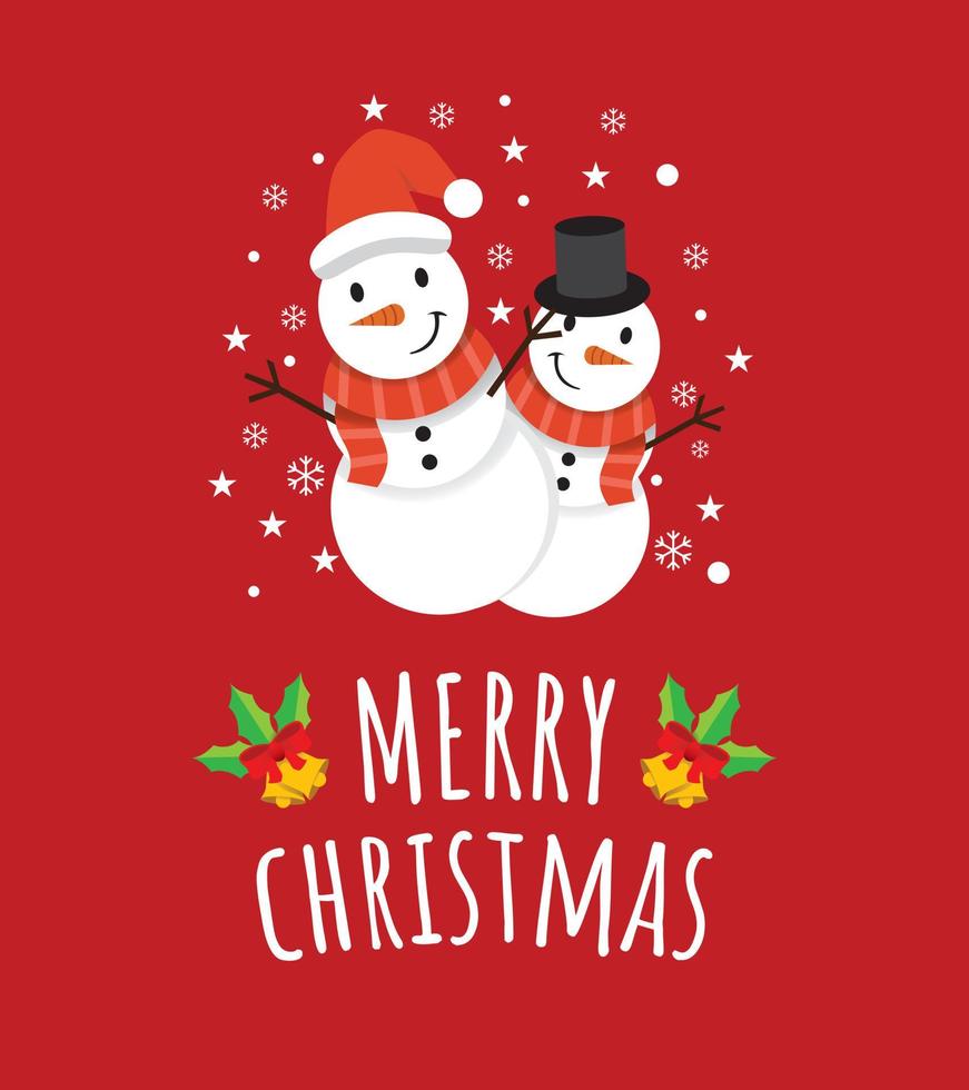 Cute Greeting Merry Christmas Card with two cute snowman brothers in Red Background. vector