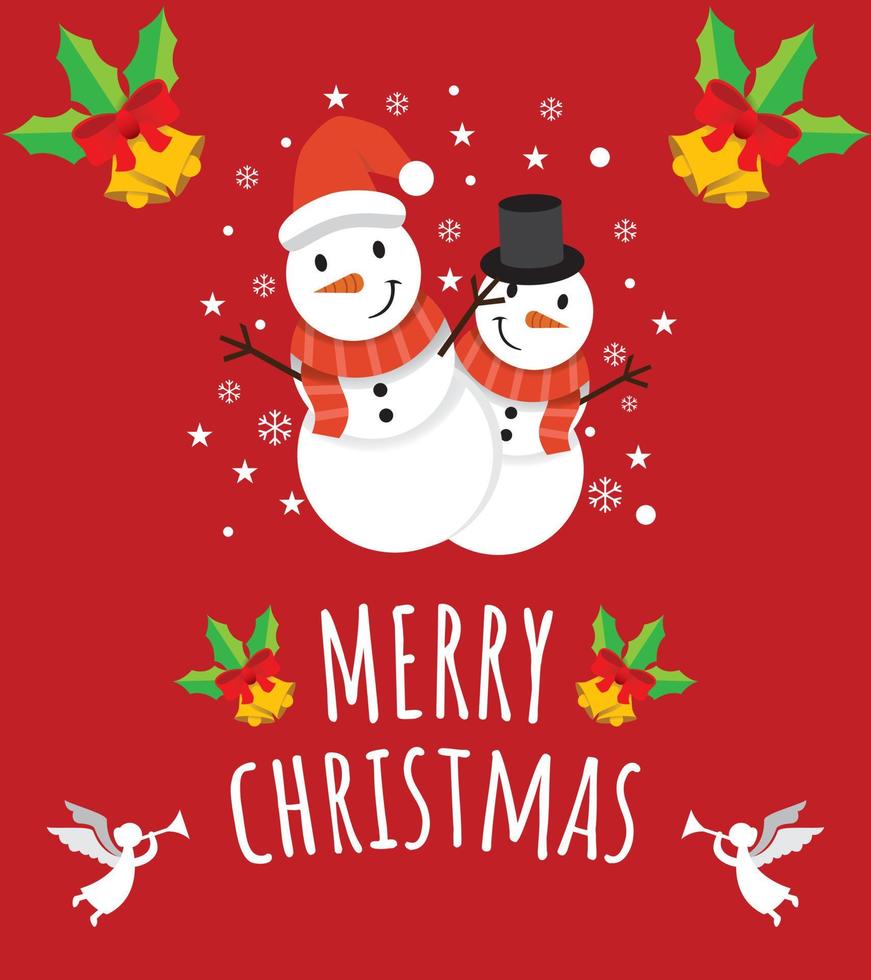 linda tarjeta de felicitación de feliz navidad con dos lindos hermanos muñeco de nieve y campanas navideñas en fondo rojo. vector