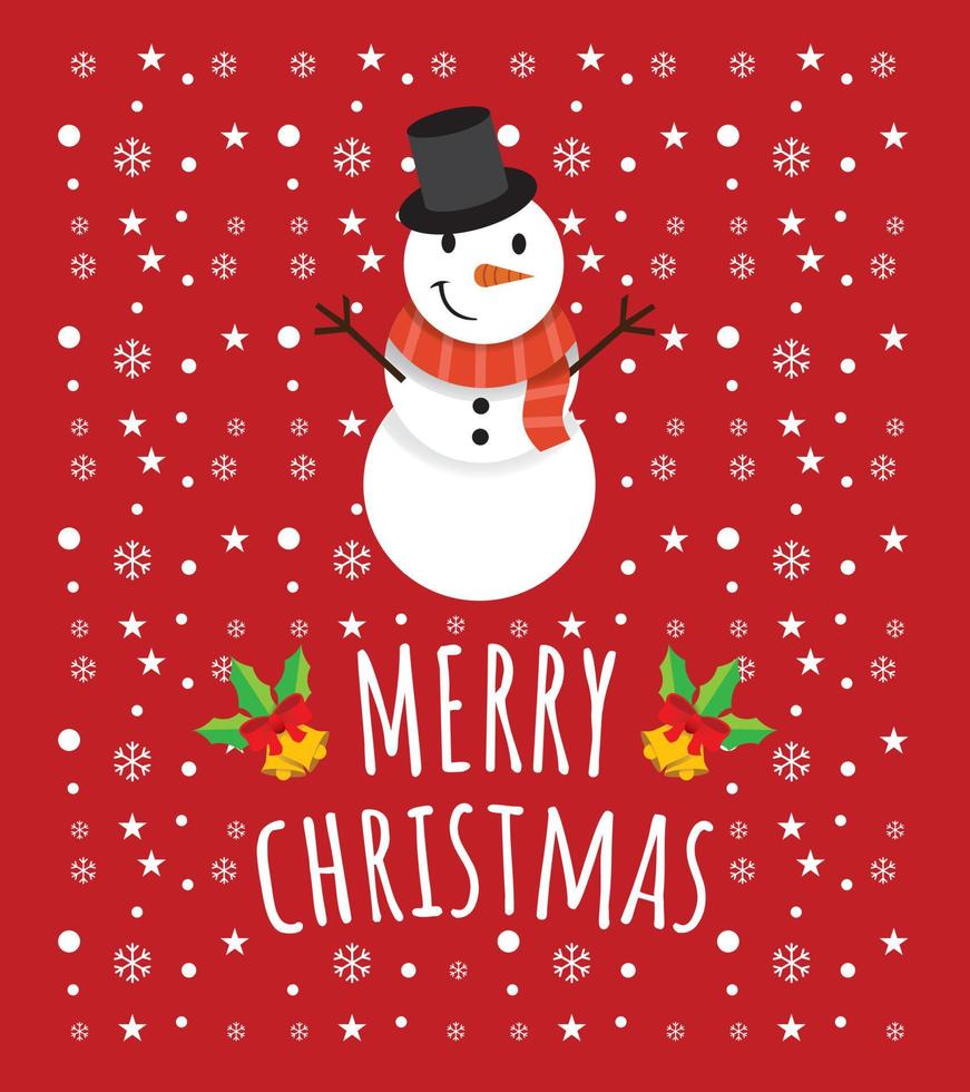 lindo saludo tarjeta de feliz navidad con lindo muñeco de nieve en fondo rojo. vector