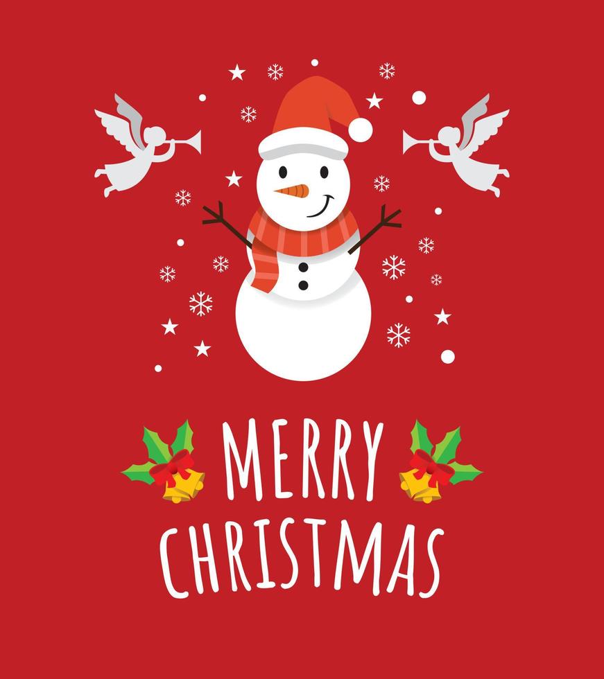 saludo lindo tarjeta de feliz navidad con muñeco de nieve lindo feliz en fondo rojo. vector