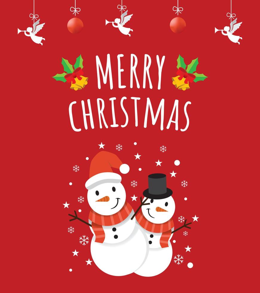 saludo lindo tarjeta de feliz navidad con lindo muñeco de nieve y hadas navideñas en fondo rojo. vector