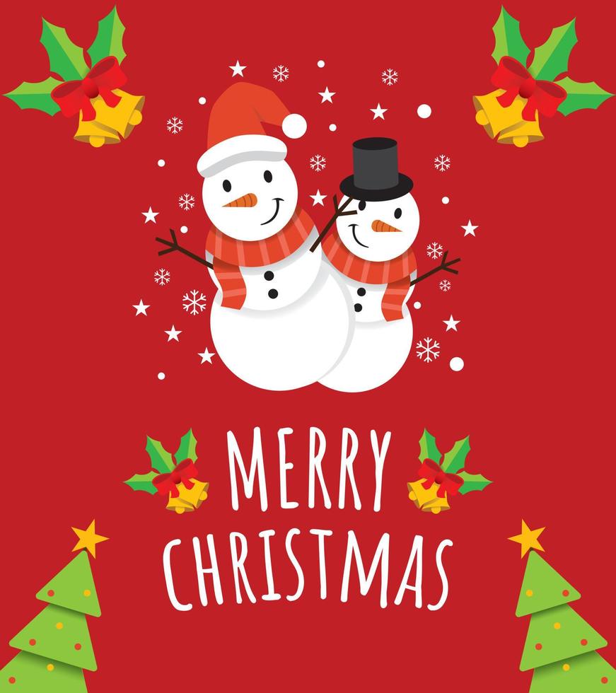 Cute Greeting Merry Christmas Card with two cute snowman brothers and christmas tree in Red Background. vector