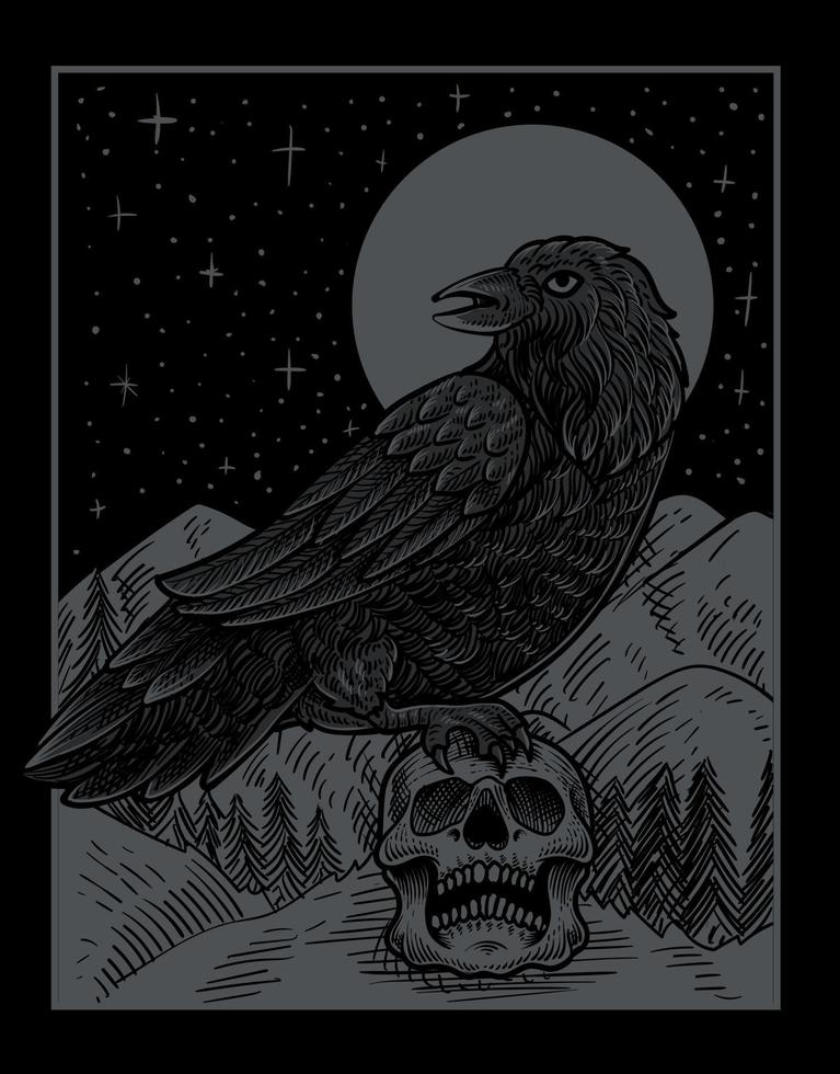 illustration vintage scary crow with engraving style vector