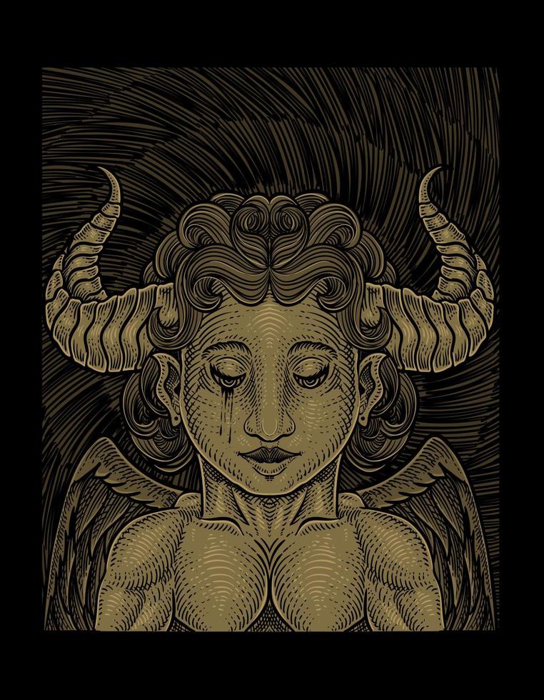 illustration demonic angel with engraving style vector